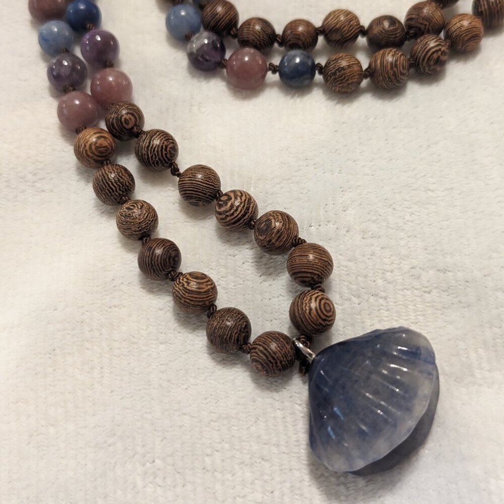 Handmade 108 bead mala Wenge wood, Strawberry Quartz, Amethyst, Blue Aventurine
